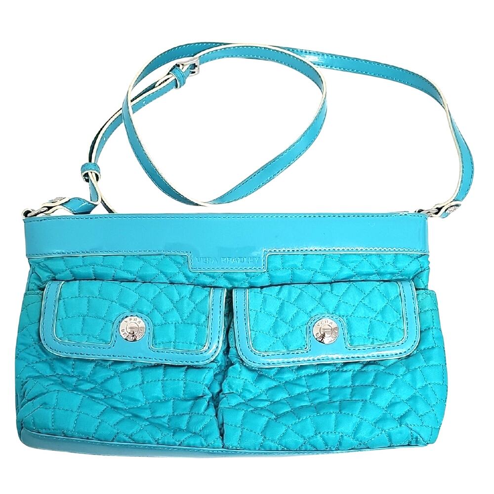 Vera Bradley Aqua Quilted w/Patent Leather Trim Strap Crossbody Bag 7.5 x 11